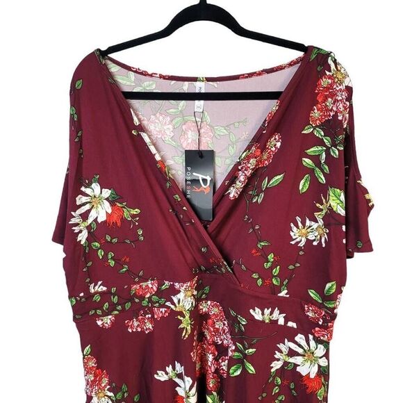 NWT 3XL stretchy floral wrap dress knee-length red exposed shoulder flirty POSES - Picture 9 of 9